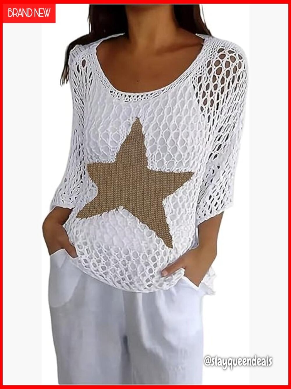 Crochet 3/4 Sleeve Star Knit Cover Up Top Sheer Swimsuit Beach